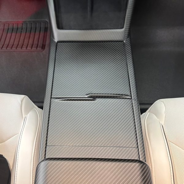 2025+ | Model Y Juniper Refreshed Extended Front Cup Holder & Center Console Full Overlay 2.0 (4 Piece Kit) - Real Dry Molded Carbon Fiber Online - Image 4