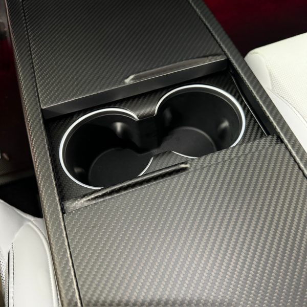 2025+ | Model Y Juniper Refreshed Extended Front Cup Holder & Center Console Full Overlay 2.0 (4 Piece Kit) - Real Dry Molded Carbon Fiber Online - Image 3