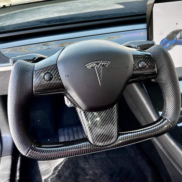 Model 3 & Y Yoke Style Steering Wheel - Carbon Fiber & Black Leather Handles Online Hot Sale - Image 4