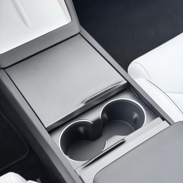 2024+ | Model 3 Highland Refreshed  Plain Weave  (Performance Look) Extended Front Cup Holder & Center Console Full Overlay 2.0 (4 Piece Kit) - Real Dry Molded Carbon Fiber Online Hot Sale - Image 3