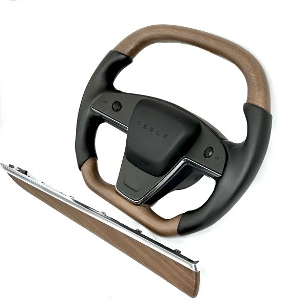 2021-2023 | Model S & X Yoke Round Sport Steering Wheel - Walnut Decor Wood Matching Online - Image 2