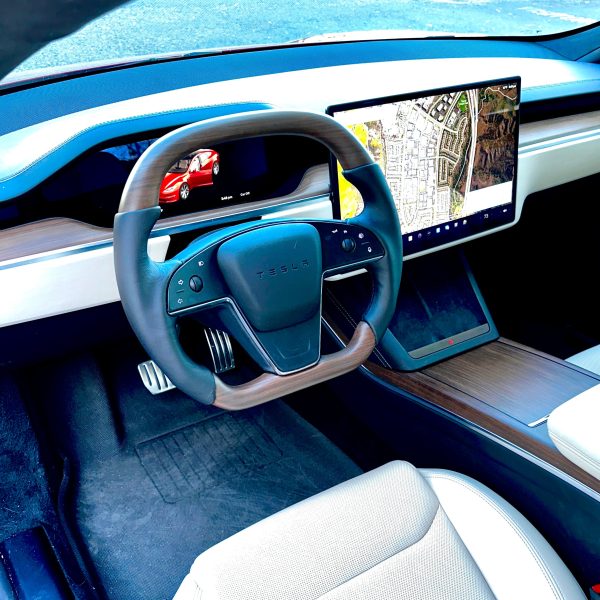 2021-2023 | Model S & X Yoke Round Sport Steering Wheel - Walnut Decor Wood Matching Online - Image 3