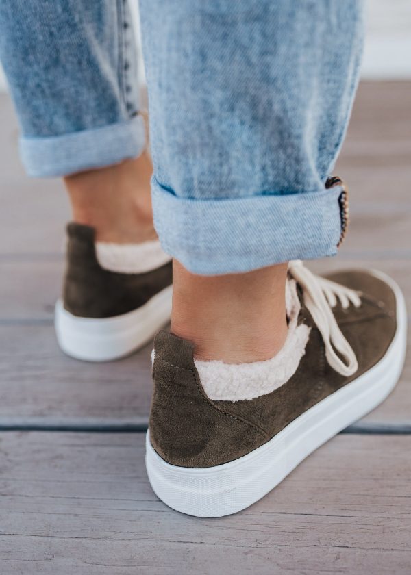 SIZE 5.5: Suede Sherpa Endear Shoe (5.5-11) *OLIVE For Discount - Image 4