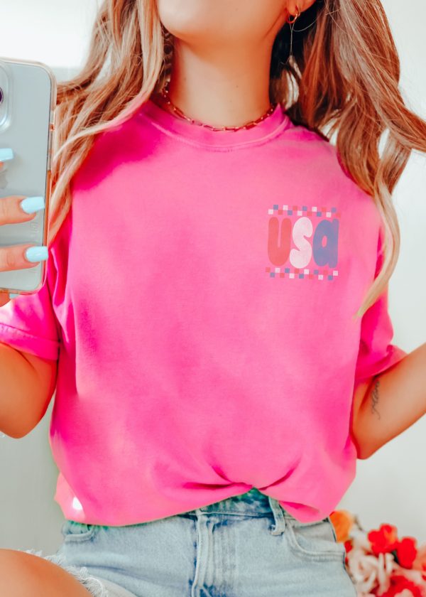 *Retro Checkered USA Tee *5 Colors (S-3X) Online Sale - Image 3