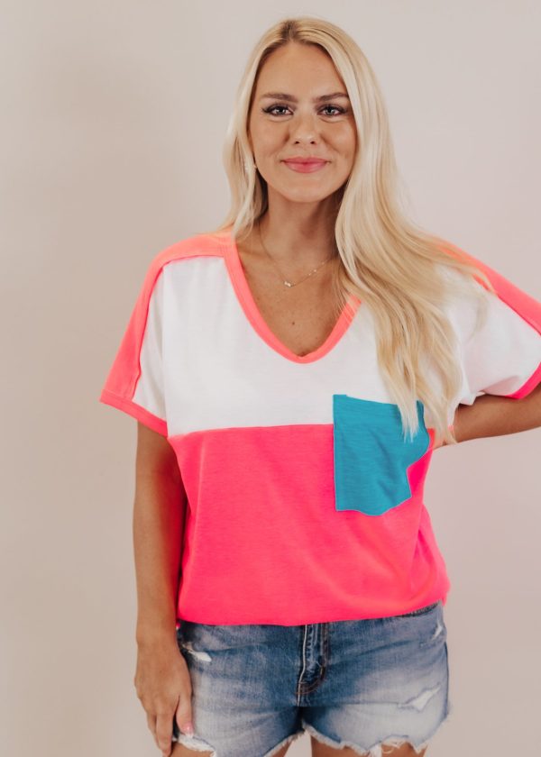 Neon Pink Color Block Blue Pocket Top (S-XL) Cheap