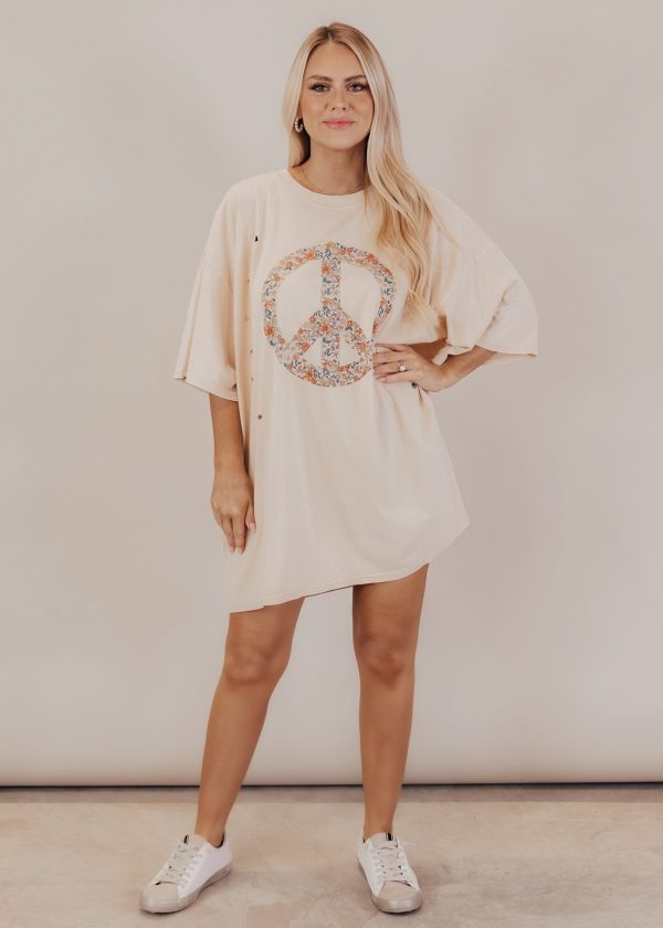Oversized Distressed Floral Peace Long Top (CAN FIT XL) *SAND Online - Image 2