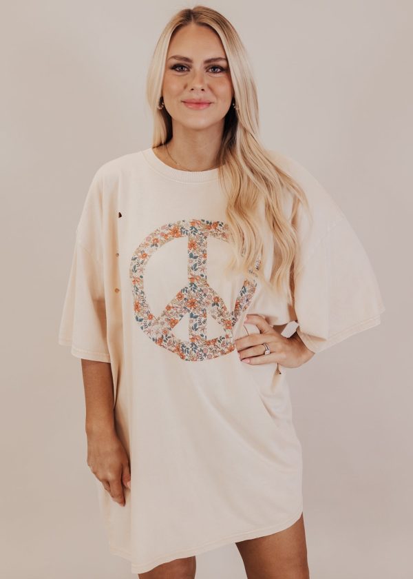 Oversized Distressed Floral Peace Long Top (CAN FIT XL) *SAND Online